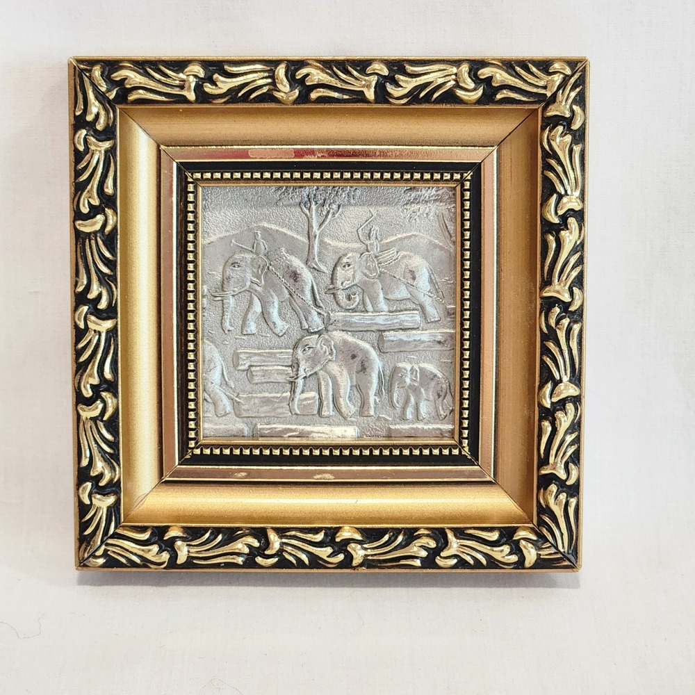 Thai Raised Relief Elephants Framed Aluminum 4.25x4.25‎ Gold Frame